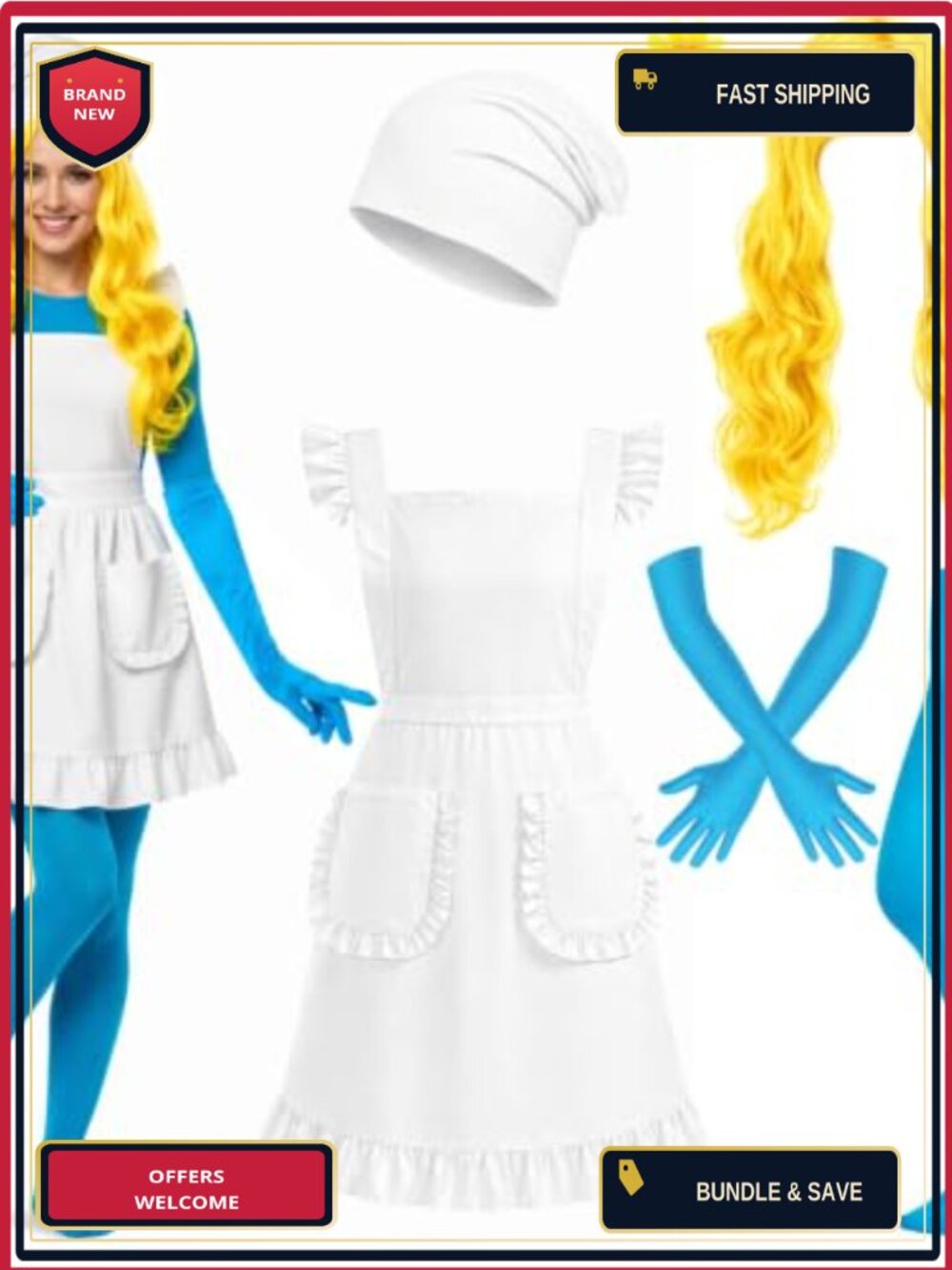 Halloween Costume Accessory Set Womens Wig Hat Apron Gloves Tights Cosplay